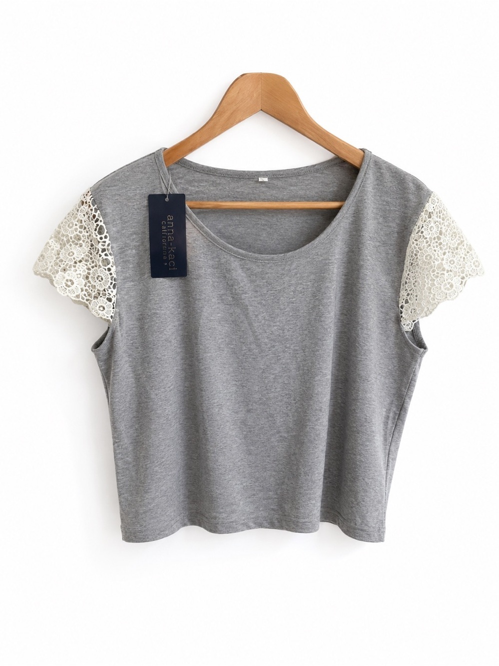 Anna-Kaci California NWT Gray Shirt with White Lace Sleeves| XL - Picture 2 of 10